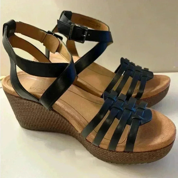 Vionic Clarisa Raffia Wedge Sandals Concealed Ortho Size 9 Black Leather - Picture 8 of 11